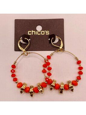 Chicos Gold-Tone Hoop Earrings Orange Beads -21B